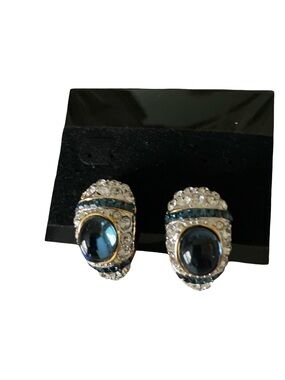 Joan Rivers Deep Blue Cabochon and Crystal Clip-On Earrings Rare Vintage -1990's